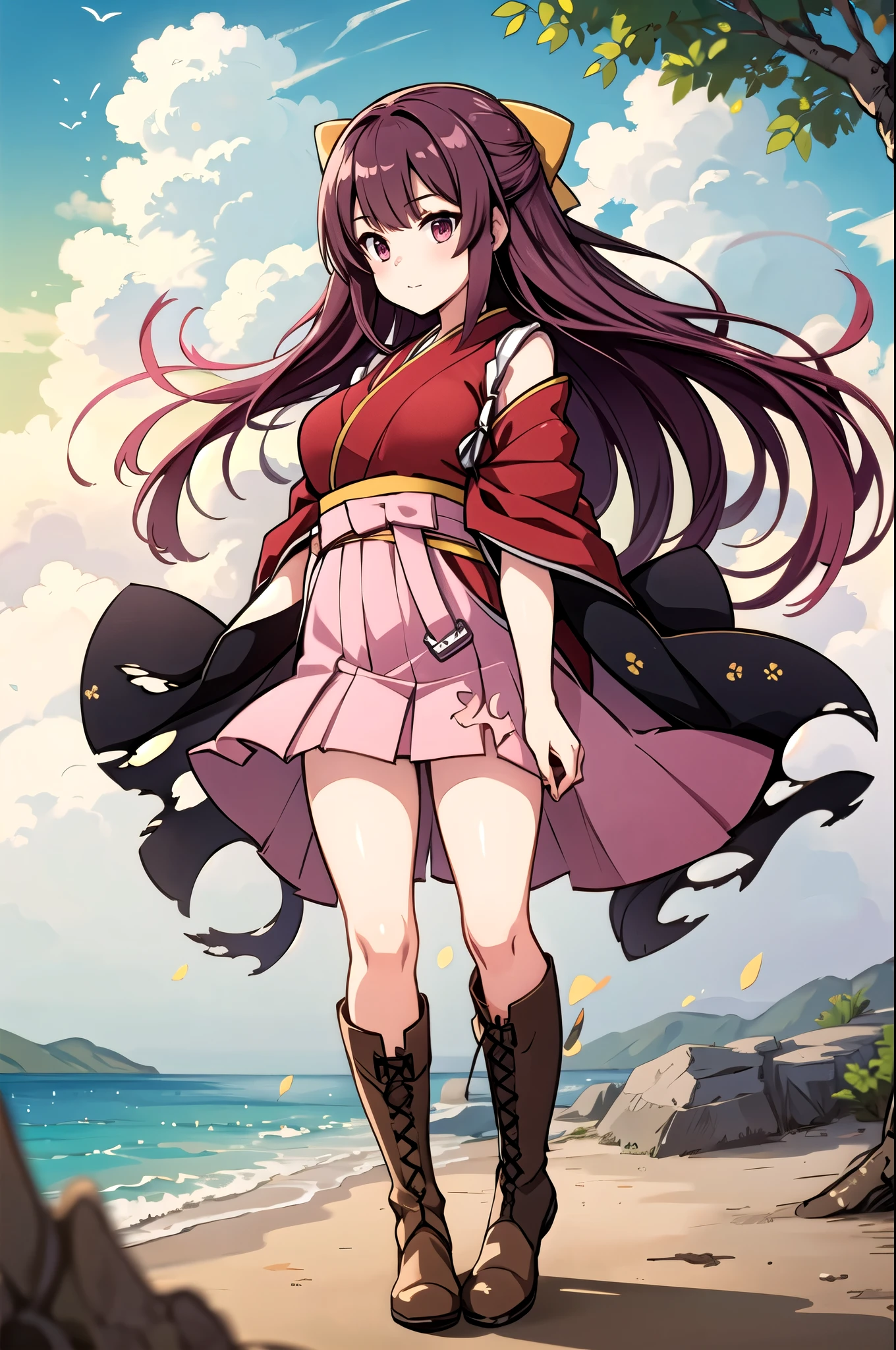 masterpiece, Best Quality,  ocean, sunlight,
 1 girl, Long Hair, pink Similarly, Alone, kimono, Similarly, skirt, skirt,  boots,  Meiji era uniforms , kimono,  cross lace shoes,  Pink Hair, mechanical, lace-up  boots, Pink Eyes, Brown footwear, bow, , hair bow, red kimono, torn skirt, whole body, yellow bow, consultation,  gradation hair , panties, feet , feetを上げてください