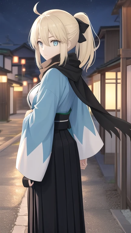 1girl, okita souji, ahoge, blonde hair, hair between eyes, hair bow, (long hair, ponytail:1.3), yellow eyes, (slender:1.3), 
break, arm guards, wide sleeves, toeless legwear, Heart, white Kimono, Shinsengumi, haori, hairbow, bow, black bow, black scarf, scarf, Kimono, japanese clothes, black skirt, (Long Hakama, long skirt:1.3), 
break, standing,
break, ,
break, (cowboy shot:1.3), (from back:1.1),
break, (outdoor, Edo, Japanese alleyway:1.1), (night, dark:1.3),
break, (best quality, masterpiece, detailed:1.1), HD, anime colored, (beautiful detailed eyes, extremely detailed face:1.3), perfect lighting, extremely detailed CG, (perfect hands, perfect anatomy),