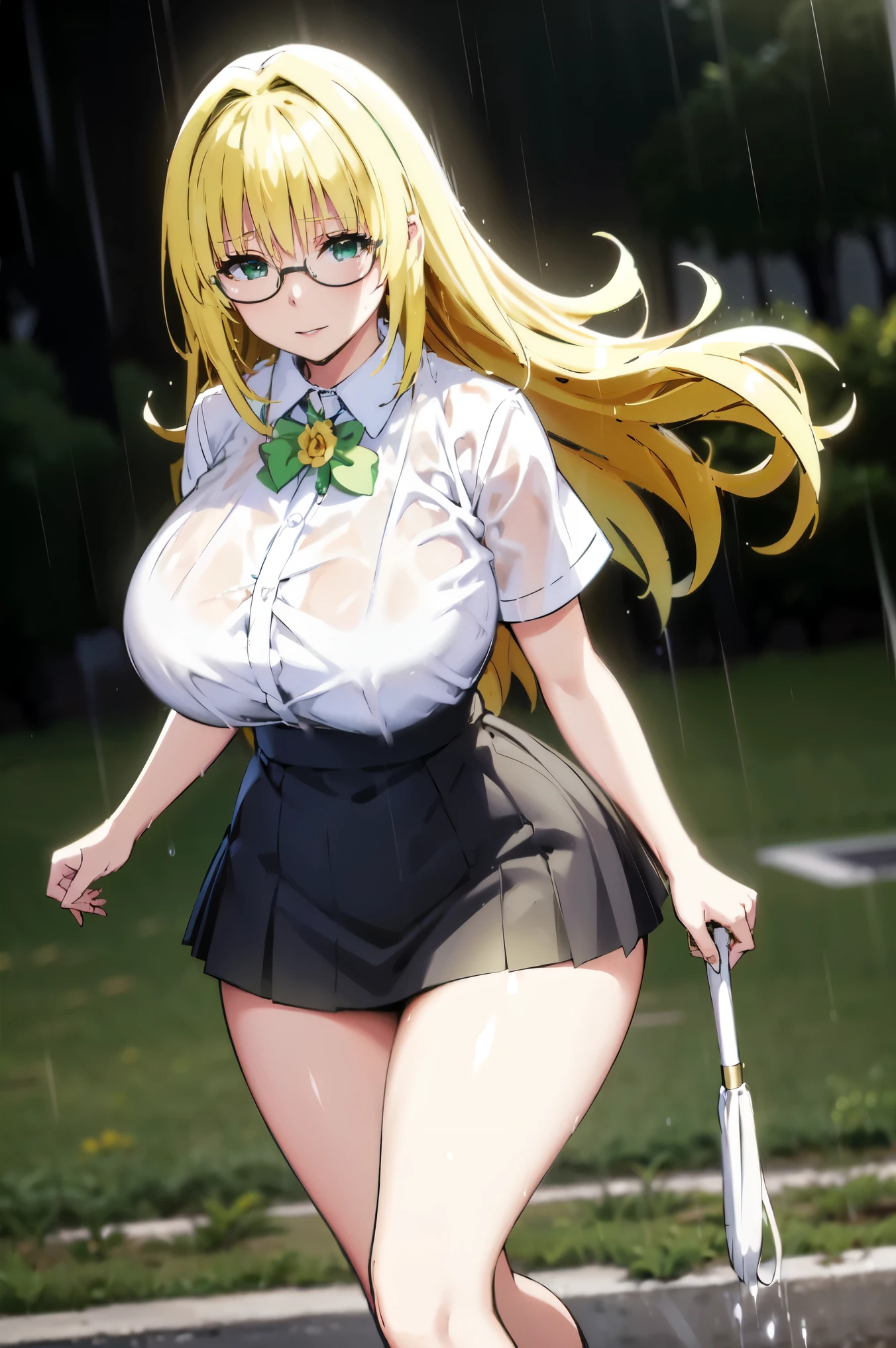 blonde hair, very huge tits  , (( white shirt, collar, tight short skirt)), ((glasses))), rain, wet clothes,  (((rainny days))), thick, busty, green eyes, long hair, upperbody, smile, legs, thigh, flower background 