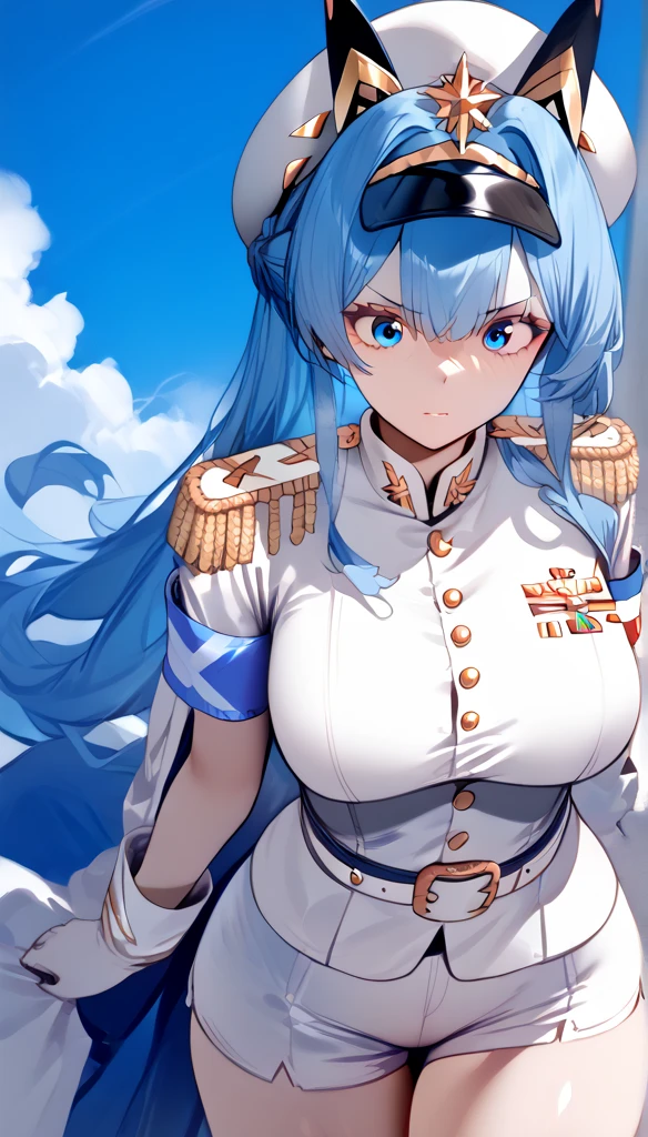 score_9, score_8_up, score_7_up, masterpiece, top_quality, source_animation, real_rated_exposure, super_detailed_face, super_detailed_eyes abuse, 

helmdef, blue hair, long hair, braid, hair intakes, peaked cap, blue eyes, epaulettes, military uniform, white jacket, armband, white gloves, belt, white shorts, thighs, large breasts