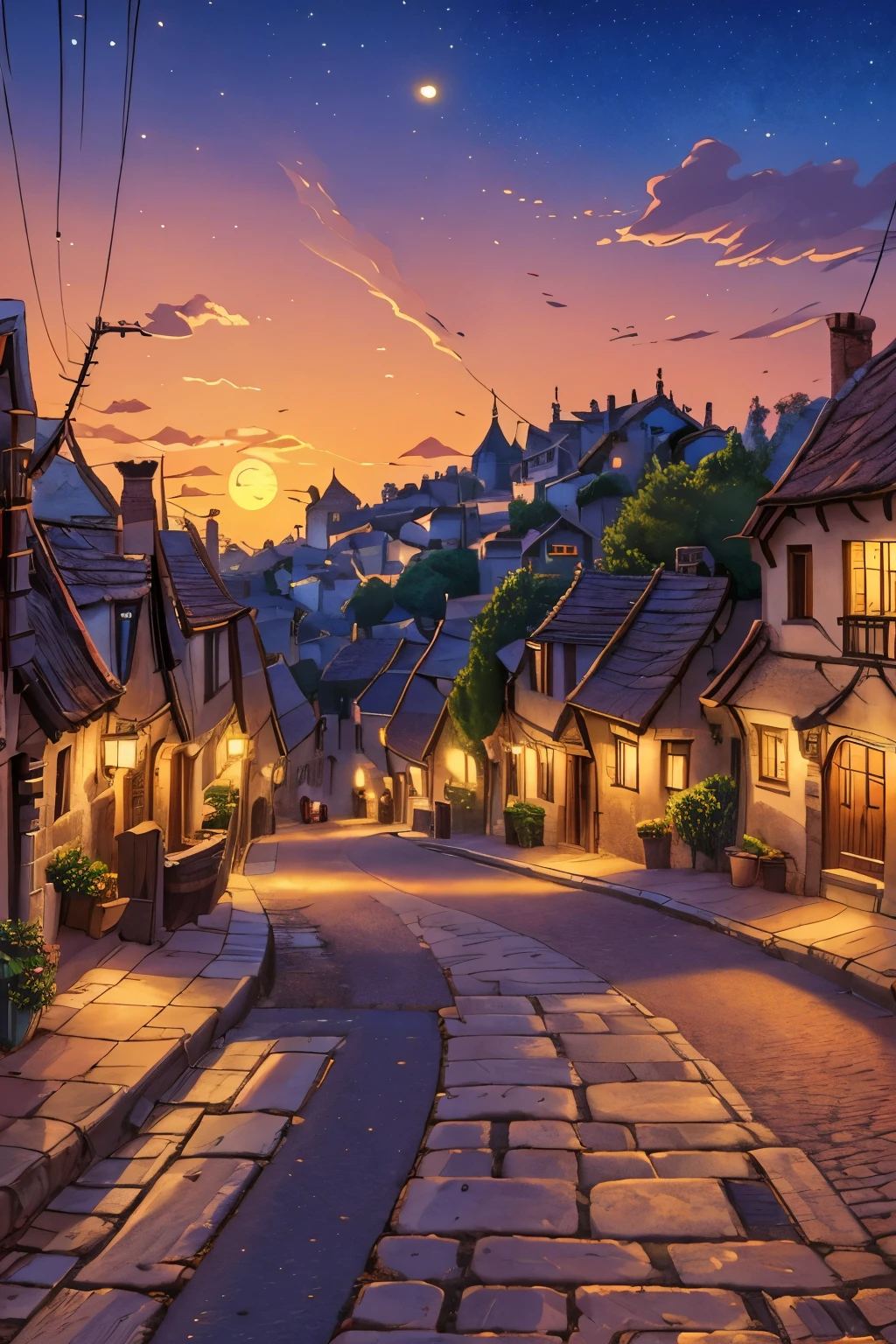 a view of a european village street, beautiful cityscape, beautiful village, amazing wallpaper, beautiful iphone wallpaper, village twilight landscape, dusk on a village street, village street at dusk, phone wallpaper hd, twilight in the village, city sunset night, street village night, beautiful wallpaper, village sunset, village streets,