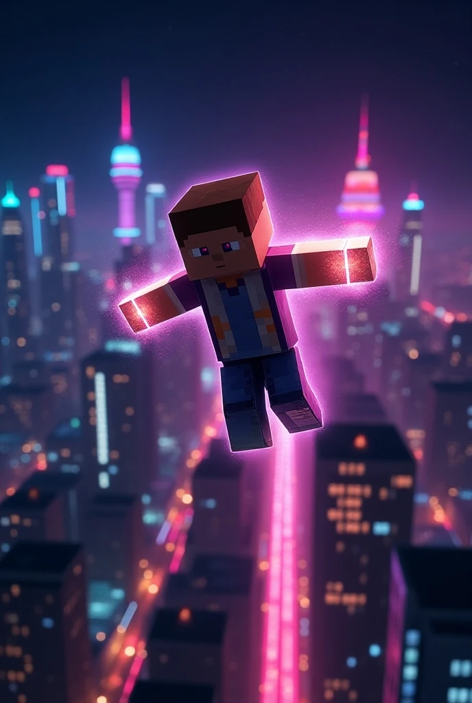   Minecraft Theme , Minecraft, flying Steve ,Shine, shining in the dark,The background is a neon city ,Night view,Character emphasis