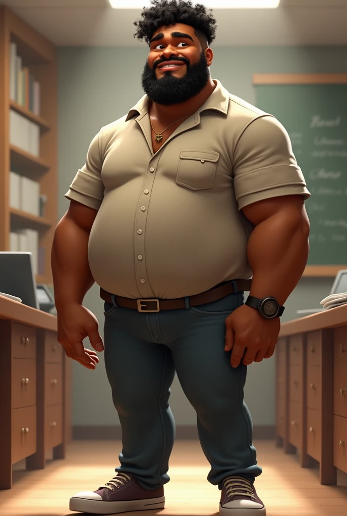 masterpiece,top-quality, Classroom, fat uncle is standing naked, bowleg, shirtless, bare legs, wearing a only white fitted briefs, sobbing, Fat Man, Black-haired man, Man with big face, Sweating, full body,