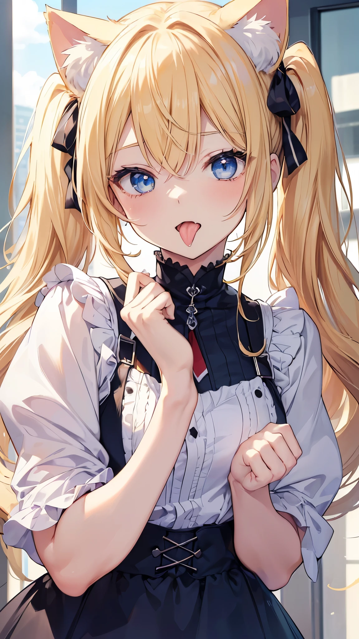 Masterpiece,Best quality,1girll,Face focus, cat ear ,Long blonde hair, White clothes, Open mouth, Blush, Tongue stock, Tongue out, saliva, Rolling eyes