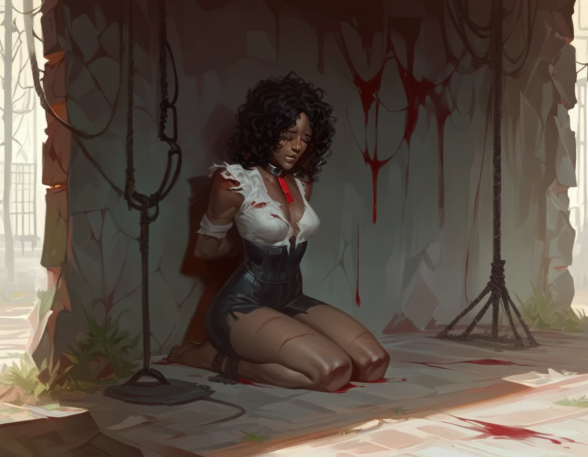 Realistic, dead tiny body little dark skinned girl laying naked covered in blood and cum, pussy filled with cum, asshole filled with cum, fully nude, blood everyehere, body being pierced by knives, throat cut and bleeding, dead eyes