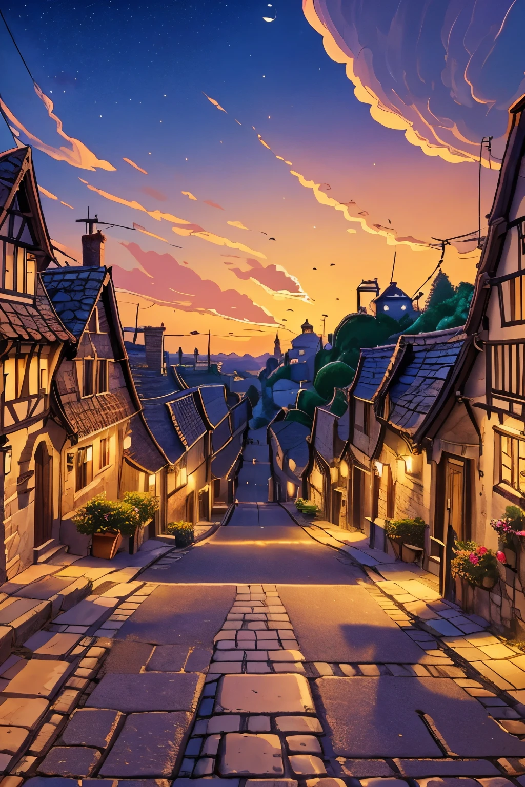 a view of a european village street, beautiful cityscape, beautiful village, amazing wallpaper, beautiful iphone wallpaper, village twilight landscape, dusk on a village street, village street at dusk, phone wallpaper hd, twilight in the village, city sunset night, street village night, beautiful wallpaper, village sunset, village streets,