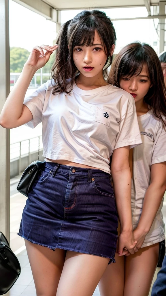 Japanese、woman、Big Breasts、90s American Casual Fashion、College T-shirts、Levi's 501 Jeans、Converse sneakers、Brown Hair、Bob Cut Hair
