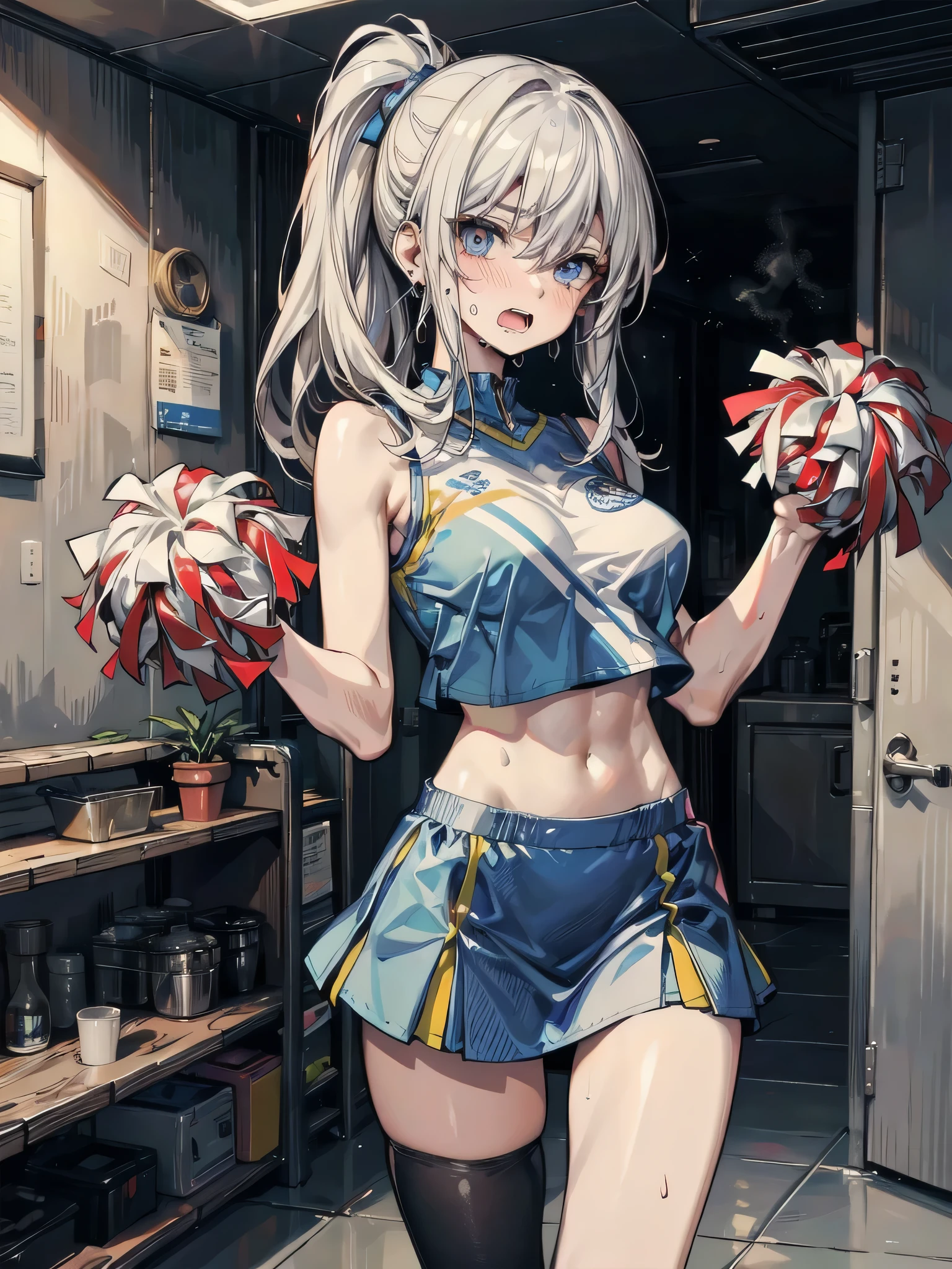 shoukaku_kantaicollection,long_hair, hairband, white_hair, brown_eyes,ponytail,(masterpiece:1.4), (best quality:1.4), (high quality:1.4), (detailed:1.4), (ultra detailed:1.4),(hyper detailed:1.4),(insanely detailed:1.4), (exquisite:1.4),(beautiful:1.4), art CG,8K, ,full body,1girl,solo,happy smile, full body,Cheerleader costume