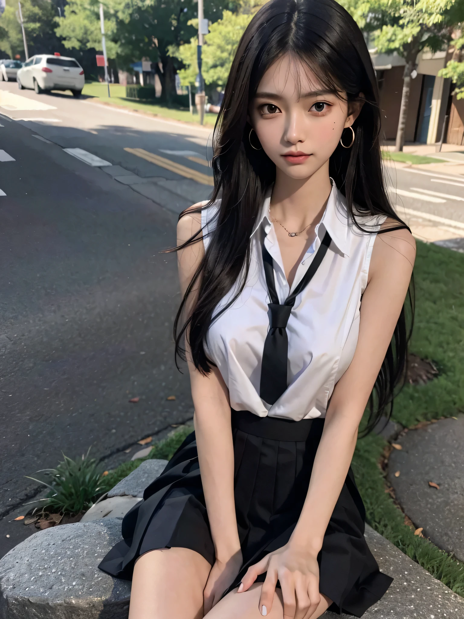 absurdres, RAW photo, extremely delicate and beautiful, masterpiece, Best Quality, ultra high resolution, 32k, hyperrealistic, ultra-detailed, perfect figure, in her 20s, very small head, very small face, delicate facial features, tearful mole, earring, huge breasts, legs, full body shot, medium hair, black hair, colored inner hair, sweat, school_uniform,