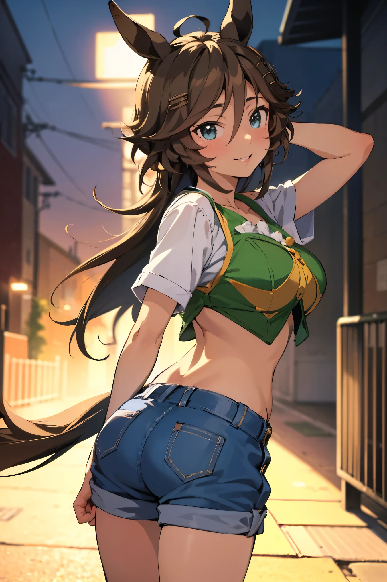 NSFW,masterpiece,Best Quality, Hi-Res, very detailed,mr. c.b. \(Uma Musume\),Embarrassed,blush,smile, off-shoulder ,ruffle crop top, shorts,Heeled Sandals,Nightlife,Back alley at night