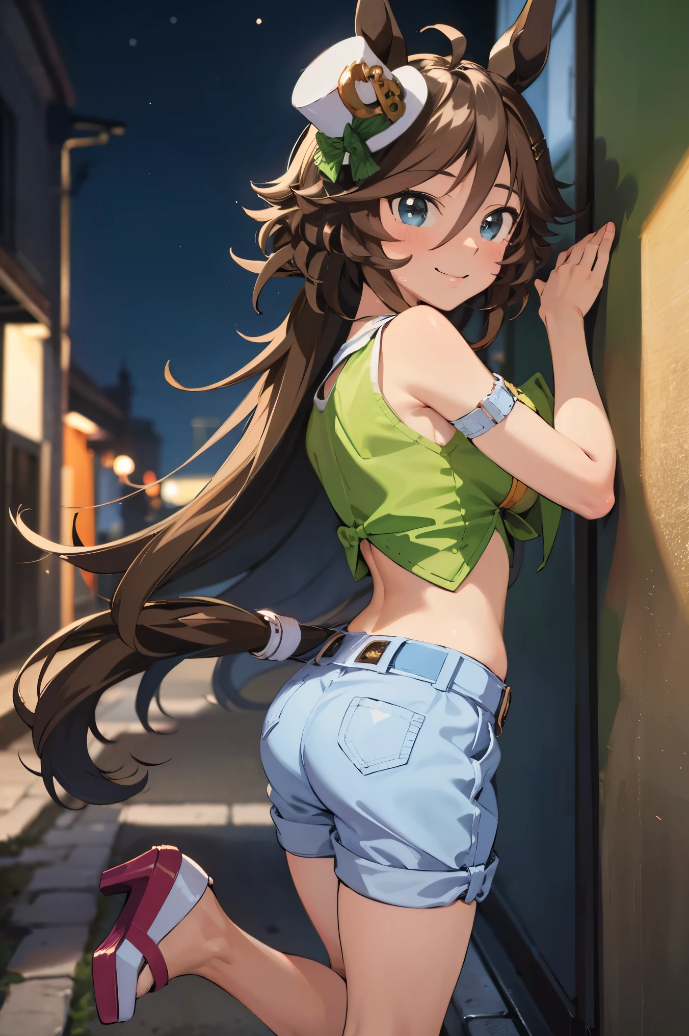 NSFW,masterpiece,Best Quality, Hi-Res, very detailed,mr. c.b. \(Uma Musume\),Embarrassed,blush,smile, off-shoulder ,ruffle crop top, shorts,Heeled Sandals,Nightlife,Back alley at night