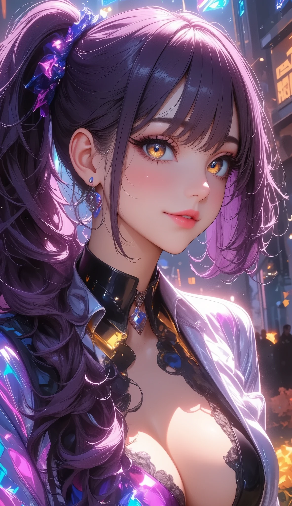 (Best Quality:1.2, several people having fun with each other while having very detailed , Anime Style, Detailed CG Illustrations , ultra high resolution, High contrast, masterpiece:1.2, best aesthetics ), ( 1 girl), (( Virtual Idol, golden eyes, purple hair, bangs, whole body, hair between eyes, Long Hair, ponytails, very Long Hair)), beautifully elaborately painted eyes, BEAUTIFULLY DETAILED LIPS , several people having fun with each other while having very detailed な目と顔, Long eyelashes, smile:1.2, ((Glitch Art:1.1)), Digital Distortion, (( Pixelated Fragments , Data Corruption:1.2, color noise :1.1, Visual clutter)), Modern aesthetics.