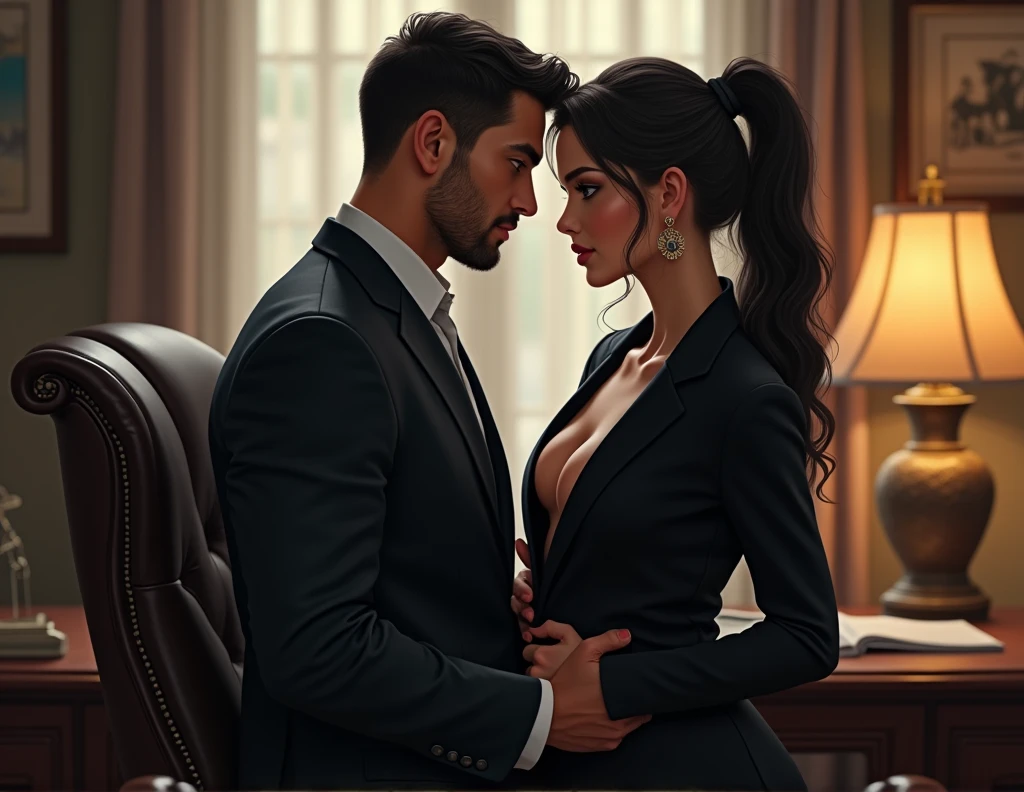 a super attractive lady, who has very big attributes, appealing facial expression, chubby, fat muscles, fat belly, fat thighs and tall, wears sleeveless black blowse with chocolate saree, dark chocolate tip on forehead and dark chocolate lipstick, yellowish fair body color, black long hair. standing and leaning forward towards the guy. the guy is very handsome. he has a muscular body with 6 feet tall height. yellowish fair body color and very appealing facial shape, wearing a black suit with white shirt and red tie. they both in a office room doing a group task.
