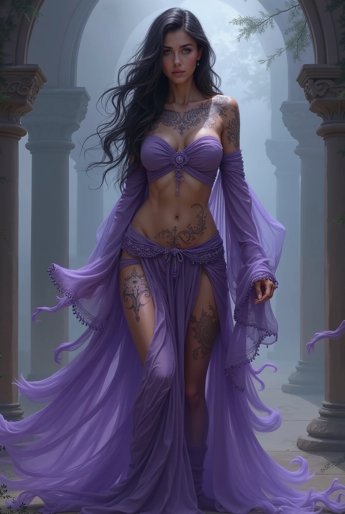 A (((full-body))), ((ultra-detailed)), ((hyper-realistic)), ((masterpiece)) ((photograph)) of (((Xal'atath))), a ((World of Warcraft)) character, in the style of the video game. She is a beautiful, young, female (((blood elf))) with (((long dark purple hair))) and ((glowing bright purple eyes)). She has exquisite caucasian features and (((very pale))) (((light grey skin))), with (((arcane runes carved into her face below her eyes))). She has a ((very slim body)), with a tiny waist and ((skinny limbs)), but her ((breasts are enormous and round)), and they look far too big for her slender little body.  She is wearing extremely skimpy tattered purple rags, covering almost nothing, revealing ((massive cleavage)), exposing her midriff, and leaving her ((very thin thighs)) completely bare. Her skin is ((very shiny)) with a ((sheen of sweat)).  She is standing in a seductive pose that shows off her ((skinny thighs)) and ((huge breasts)) as well as her feet. She is in a ((brightly-lit)) ruin.  Her (((whole body from head to toe))) is shown.  Detailed hair, detailed eyes, detailed face, detailed body, detailed skin, ((professional photography)).