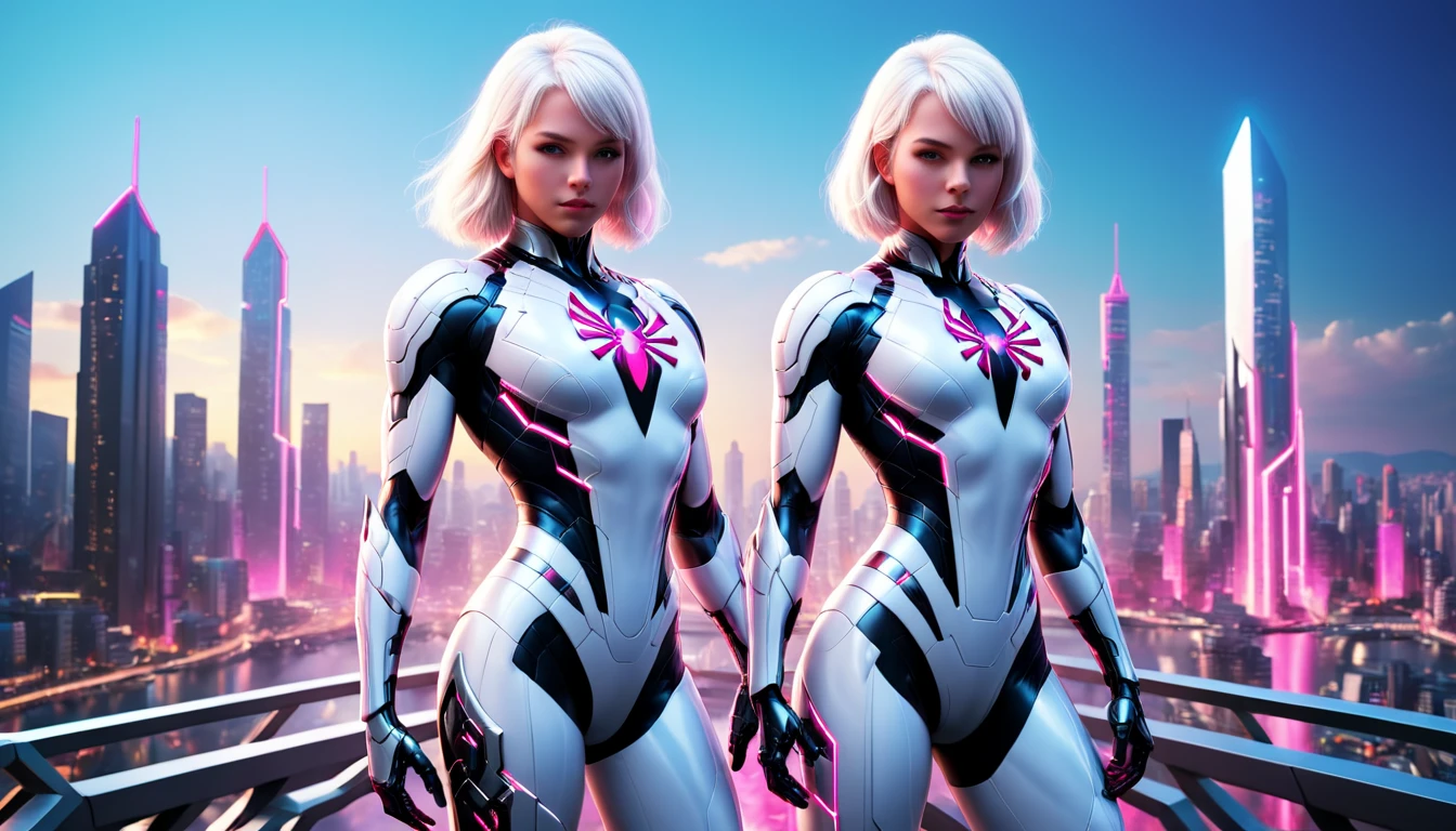 concept art a white and pink female character standing in front of a city, cyborg girl with silver hair, beutiful girl cyborg, in white futuristic armor, beutiful white girl cyborg, cyber suit, 3 d render character art 8 k, hero pose colorful city lighting, futuristic style spiderman, perfect anime cyborg woman, inspired by Marek Okon, spider gwen, scifi woman . digital artwork, illustrative, painterly, matte painting, highly detailed