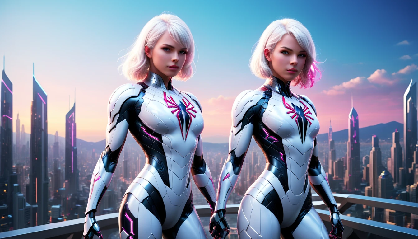 concept art a white and pink female character standing in front of a city, cyborg girl with silver hair, beutiful girl cyborg, in white futuristic armor, beutiful white girl cyborg, cyber suit, 3 d render character art 8 k, hero pose colorful city lighting, futuristic style spiderman, perfect anime cyborg woman, inspired by Marek Okon, spider gwen, scifi woman . digital artwork, illustrative, painterly, matte painting, highly detailed