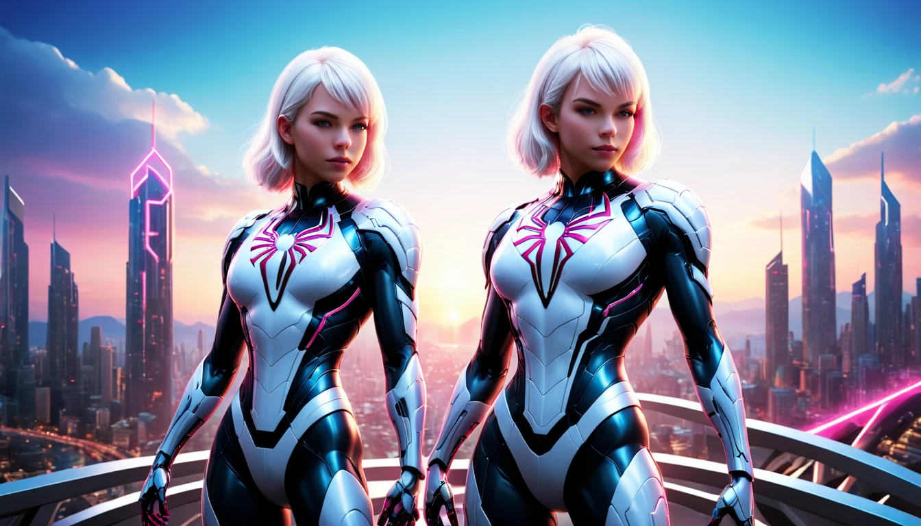 concept art a white and pink female character standing in front of a city, cyborg girl with silver hair, beutiful girl cyborg, in white futuristic armor, beutiful white girl cyborg, cyber suit, 3 d render character art 8 k, hero pose colorful city lighting, futuristic style spiderman, perfect anime cyborg woman, inspired by Marek Okon, spider gwen, scifi woman . digital artwork, illustrative, painterly, matte painting, highly detailed