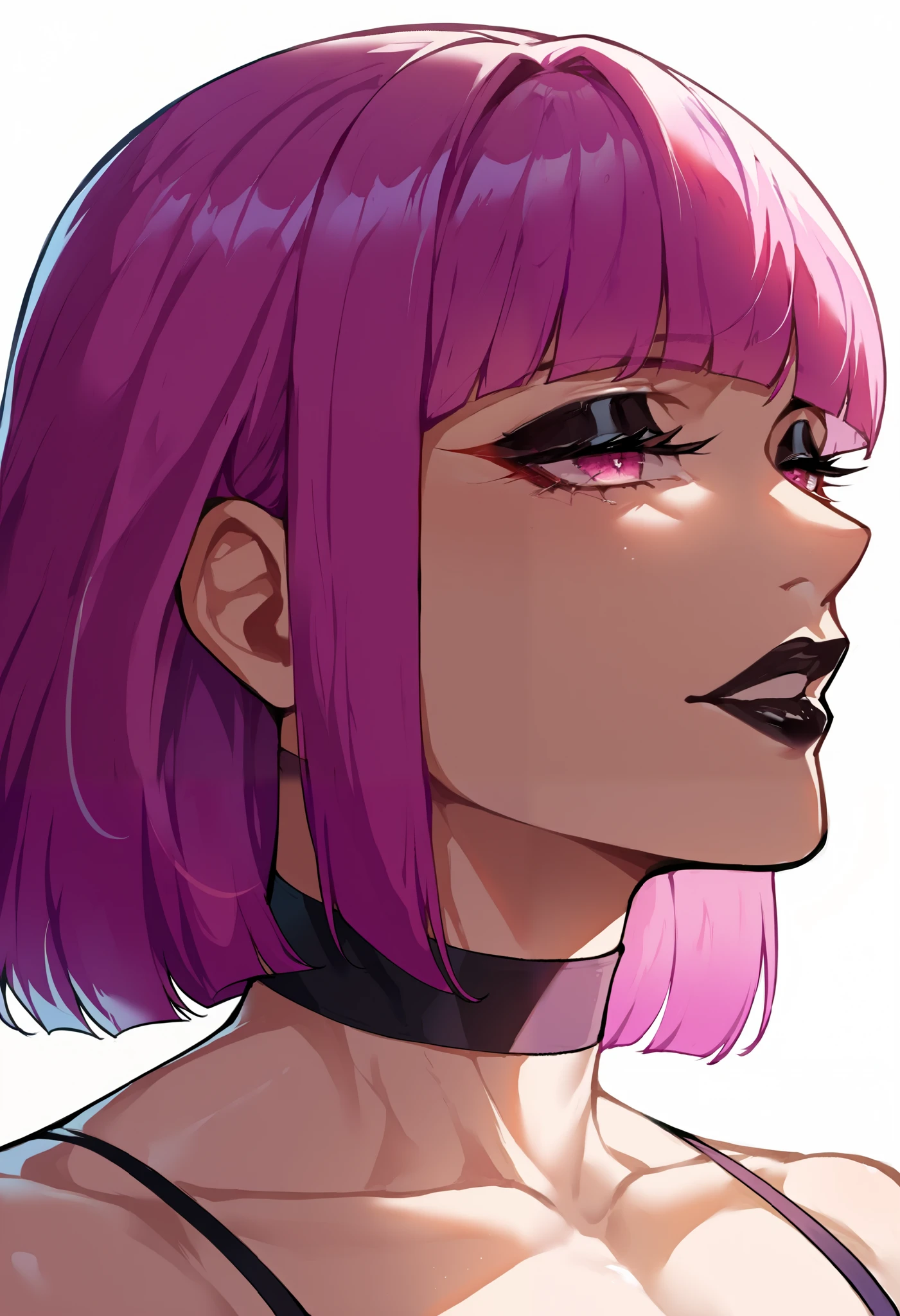 Score_9, score_8_up, score_7_up, adult, (mature:1.2), femboy, uso da expression, solo focus, magenta hair, hime cut, toned,black lips, black eyeshadow, pink eyes, eyeliner, choker, close up, soft lighting, shadow, Nyantcha style, source_anime, rating_explicit