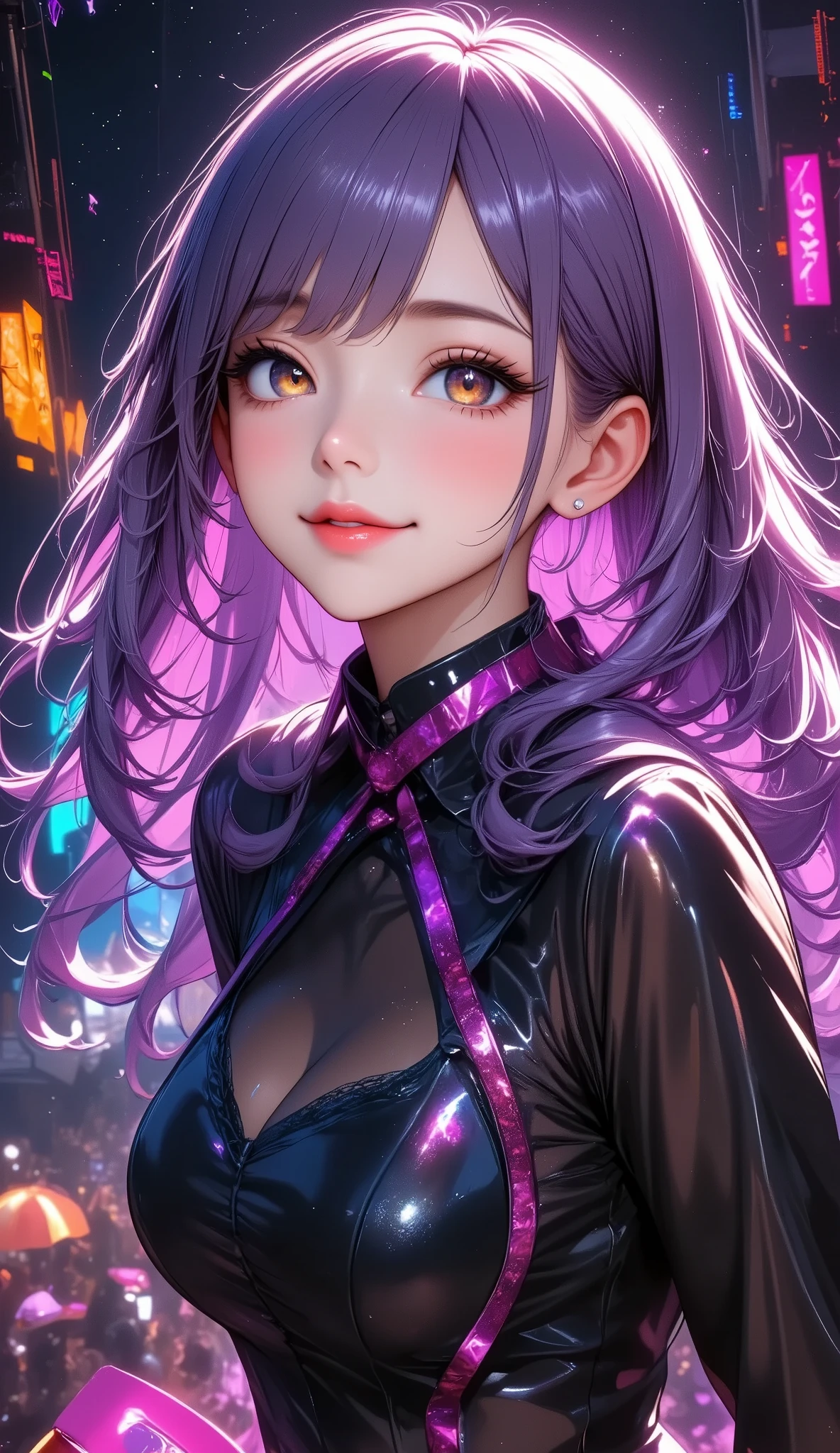 (Best Quality:1.2,  several people having fun with each other while having very detailed , Anime Style,  Detailed CG Illustrations ,  ultra high resolution, High contrast, masterpiece:1.2,  best aesthetics ), ( 1 girl), (( Virtual Idol,  golden eyes,  purple hair, bangs, whole body,  hair between eyes, Long Hair,  ponytails, very Long Hair)),  beautifully elaborately painted eyes,  BEAUTIFULLY DETAILED LIPS ,  several people having fun with each other while having very detailed な目と顔, Long eyelashes, smile:1.2, Cyber Space Stage ,  colorful lights, Glitch Art, Digital Distortion, (( Pixelated Fragments , Data Corruption:1.2,  color noise :1.1, Visual clutter)), Modern aesthetics.