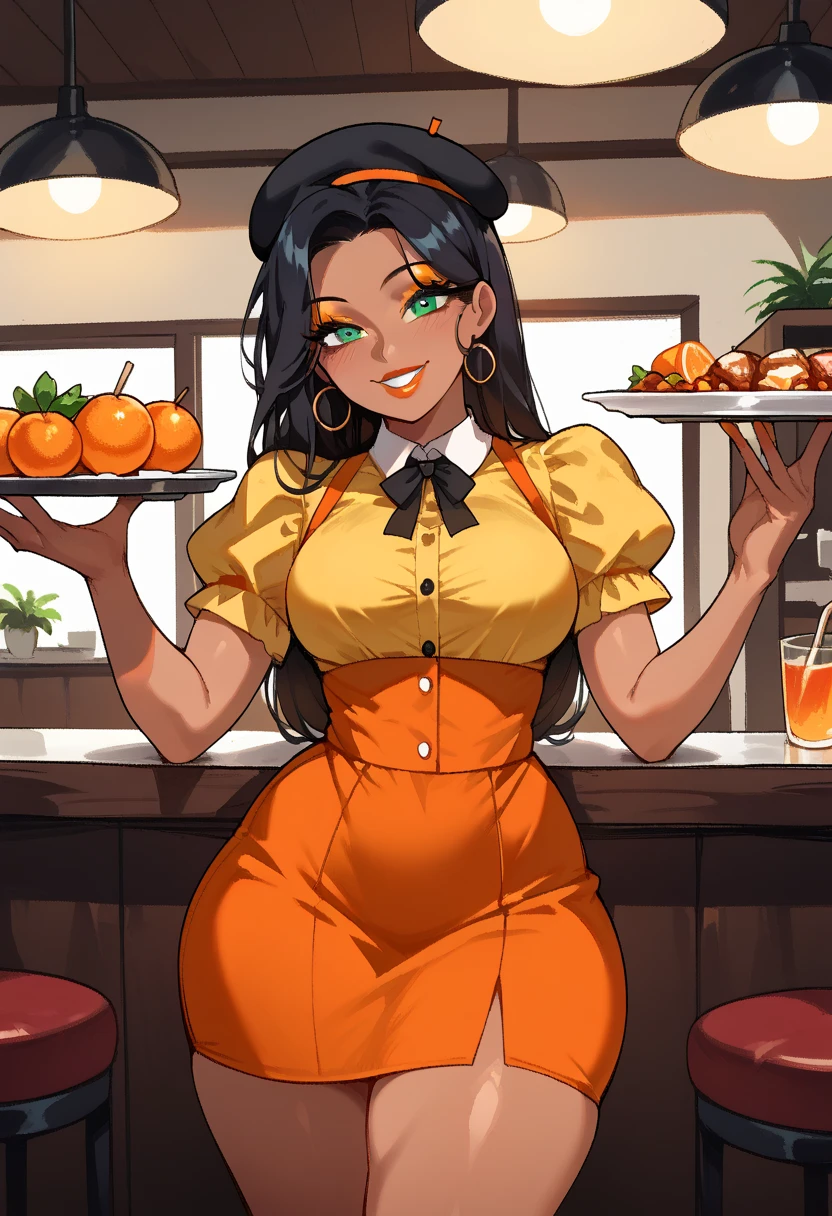    there is a woman holding a plate of food,  Waitress costume    (mini orange skirt , yellow blouse, black beret), tanned,  thick thighs  , smile,  long black hair ,   green-eyed, makeup, lipstick,  beautiful body , thin waist, knee, highly detailed,   porn movie , 8k,   face vibrant colors ,  Simple restaurant  , 