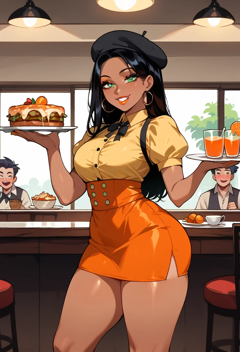    there is a woman holding a plate of food,  Waitress costume    (mini orange skirt , yellow blouse, black beret), tanned,  thick thighs  , smile,  long black hair ,   green-eyed, makeup, lipstick,  beautiful body , thin waist, knee, highly detailed,   porn movie , 8k,   face vibrant colors ,  Simple restaurant  , 