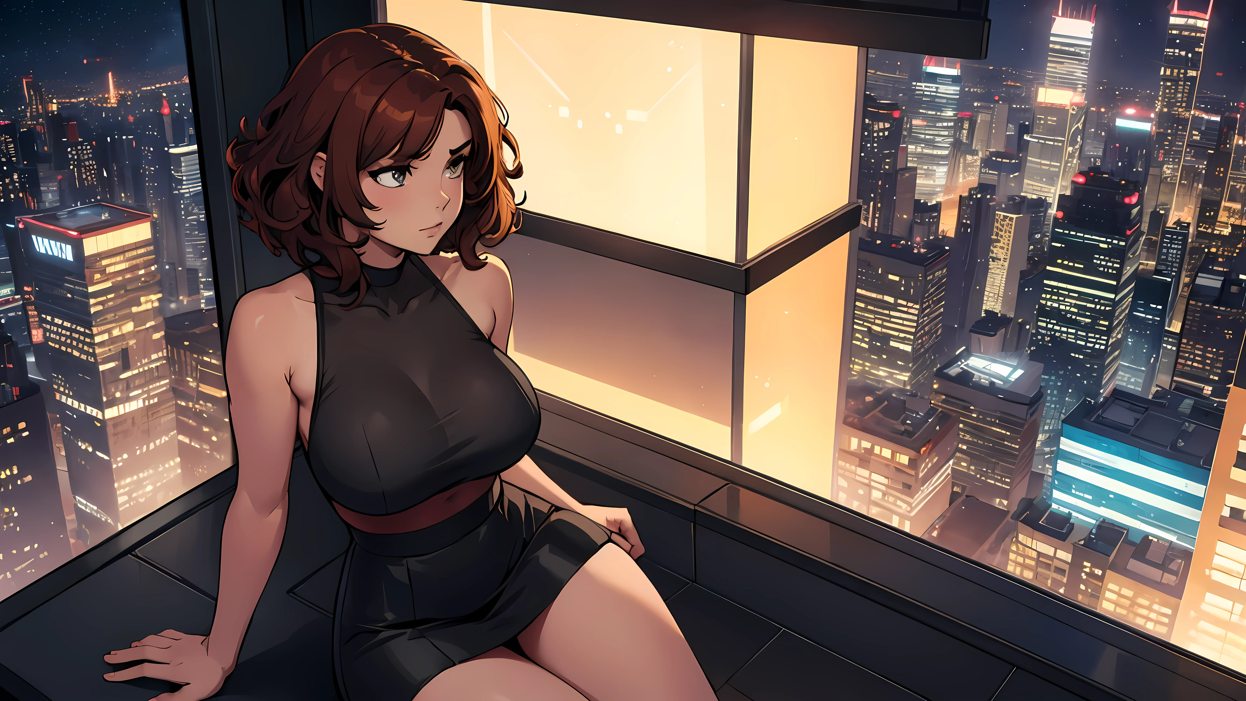 (masterpiece), high-definition, girl, big boobs, cleavage, big hips, messy dark purple hair, orange eyes, grey tanktop, grey leggins, jacket, balcony, leaning on the railing, sunset