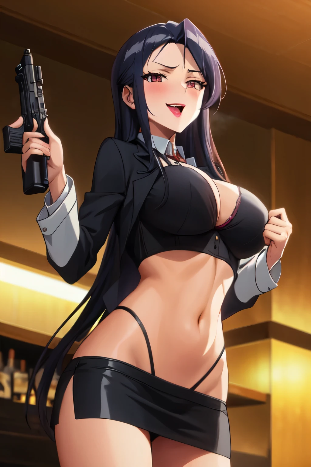 (safe:1.10), best quality, masterpiece, highres, solo, , anime_style, 21 , black hair, long hair, blush, lipstick, Hot girl, baddie, staring, glaring, bad attitude, mean girl, crazy, smoking, sensual, attractive, bar background, inside bar, masterpiece, best quality, highly detailed, a girls with a gun, open mouth, blazer, sexy gaze, (nsfw) not
safe for work, badass pose , evil smile, smile, black bra, anime girl with long hair, long haired girl,
navel, evil expression, exposed belly, exposed navel, exposed midriff, exposed lower belly, micro
miniskirt, micro pencil skirt, pencil skirt ,holding a gun, holding pistol