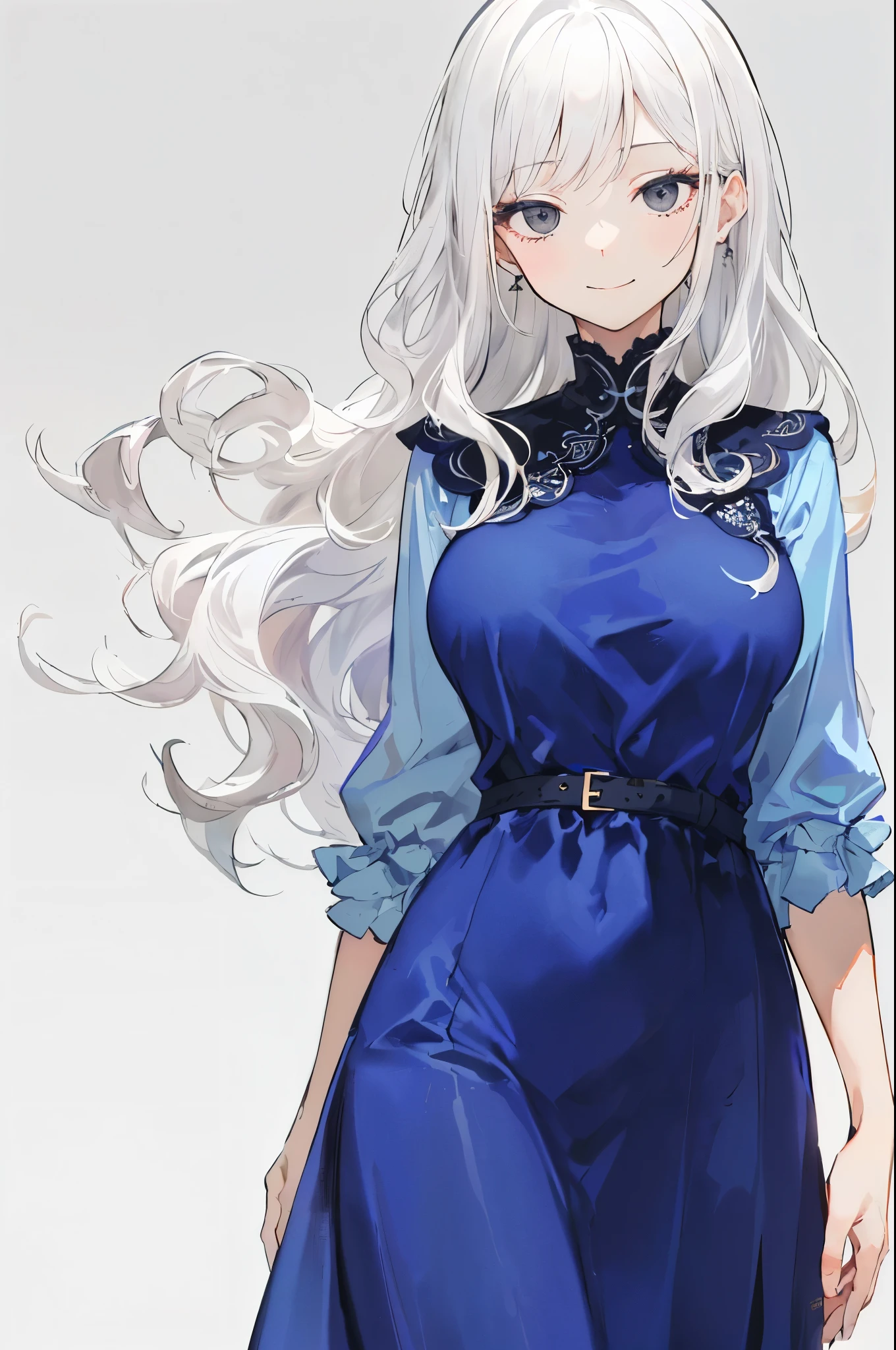 (gentle gaze, smile), France, 1 girl, ((cowboy shot)), ((facing viewer, looking viewer), standing straight, (black eyes, (sanpaku), ((white hair), wavy hair, long hair, medium breast)), ((blue dress)), (gray background), Sharp Focus, ((Best Quality)), ((masterpiece)), (detailed), ((facial focus))