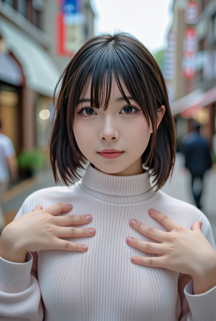 Photo realistic,  Hi-Res,  detailed background ,  Beautiful Skin in Every Detail , Detailed nose,  soft writing, (Solo Shot:1.23), ( upper body:1.1),  Closeup Shot, (Focused on the chest:1.3),  Browse Viewers , (((Great hands, Perfect hands))),  Clear Eyes ,//  Japanese woman with a viewing angle of, Pale skin, (Big Breasts:1.3) , // ( I'm wearing a turtleneck sweater),  short hair,  Street Snap , ((In-person audience )), Street Tokyo,