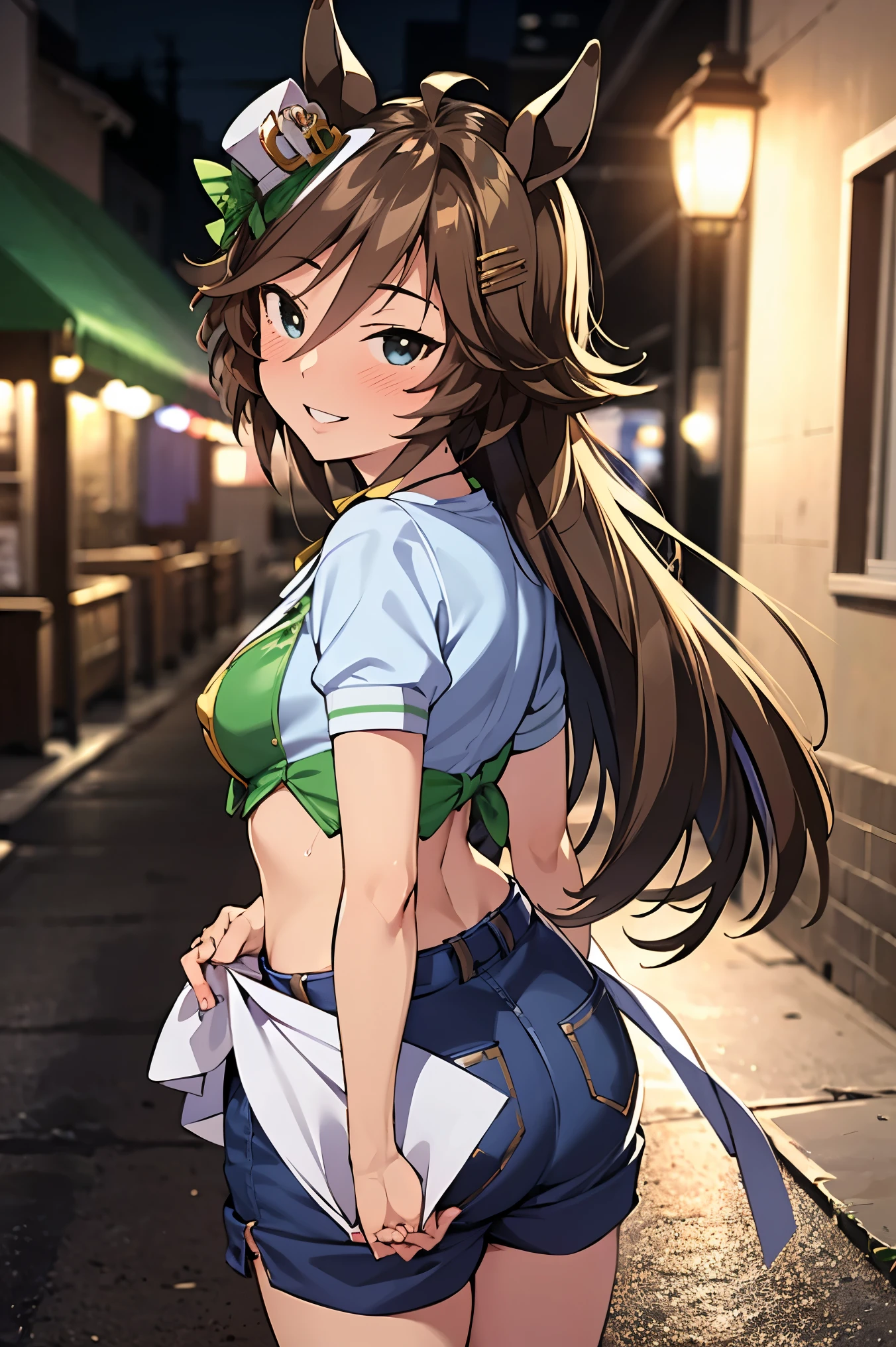 NSFW,masterpiece,Best Quality, Hi-Res, very detailed,mr. c.b. \(Uma Musume\),Embarrassed,blush,smile, off-shoulder ,ruffle crop top, shorts,Heeled Sandals,Nightlife,Back alley at night