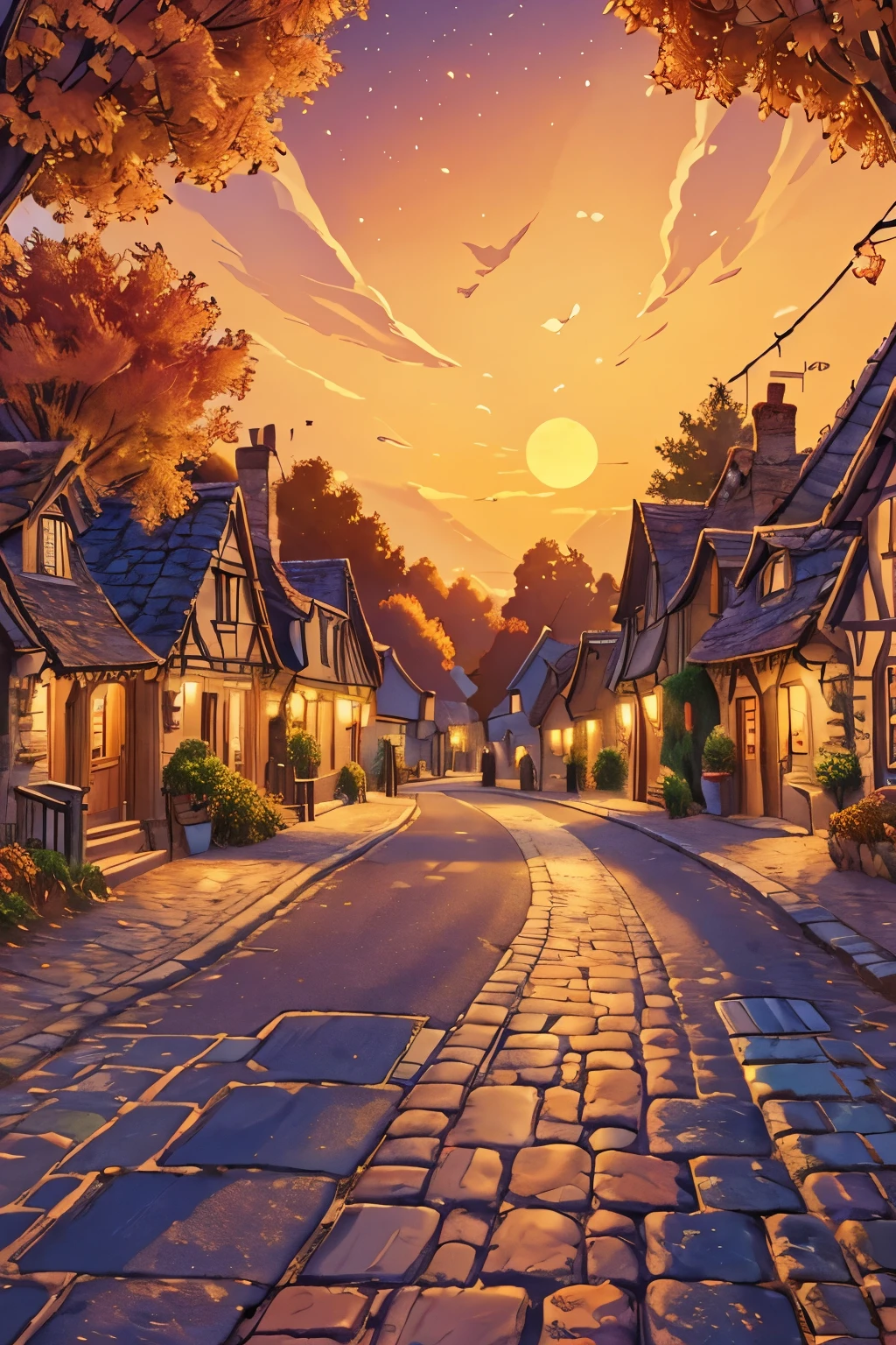 a view of a european village street, beautiful cityscape, beautiful village, amazing wallpaper, beautiful iphone wallpaper, village twilight landscape, dusk on a village street, village street at dusk, phone wallpaper hd, twilight in the village, city sunset night, street village night, beautiful wallpaper, village sunset, village streets, autumn season, typical autumn colors, trees,