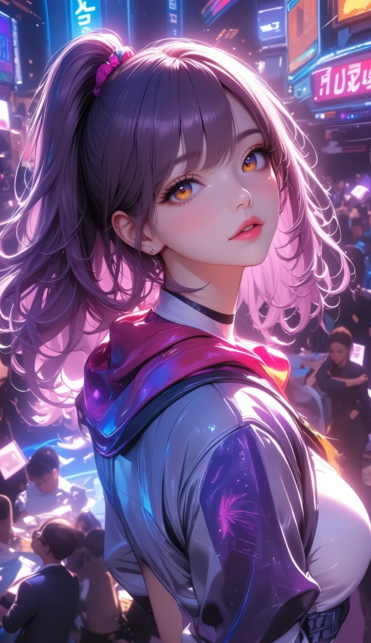 (Best Quality:1.2,  several people having fun with each other while having very detailed , Anime Style,  Detailed CG Illustrations ,  ultra high resolution, High contrast, masterpiece:1.2,  best aesthetics ), ( 1 girl), (( Virtual Idol,  golden eyes,  purple hair, bangs, whole body,  hair between eyes, Long Hair,  ponytails, very Long Hair)),  Beautifully detailed eyes ,  Beautifully detailed lips,  several people having fun with each other while having very detailed な目と顔, Long eyelashes, smile:1.2, Cyber Space Stage ,  colorful lights, Glitch Art, Digital Distortion, (( Pixelated Fragments , Data Corruption:1.2,  color noise :1.1, Visual clutter)), Modern aesthetics.