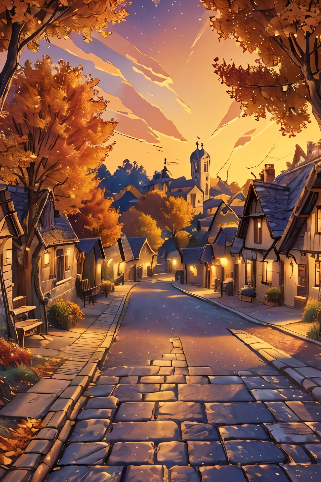 a view of a european village street, beautiful villagescape, beautiful village, amazing wallpaper, beautiful iphone wallpaper, village twilight landscape, dusk on a village street, village street at dusk, phone wallpaper hd, twilight in the village, city sunset night, street village night, beautiful wallpaper, village sunset, village streets, autumn season, typical autumn colors, trees,