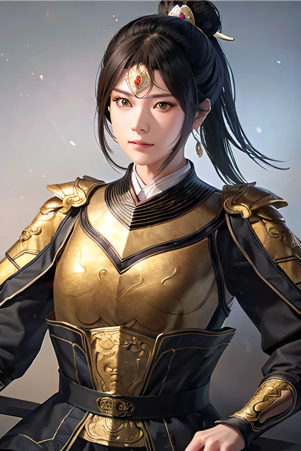 18 year old slim Chinese woman, slim middle aged woman,realistic,chinese_Armor,alone,Background of ancient chinese cities,detailed_eye,shoulder_Armor,(검은 eye),looking at viewer,(masterpiece:1.2), (best quality:1.2), perfect eye, perfect face, perfect lighting, (8K),(complete anatomy), Nee Shot