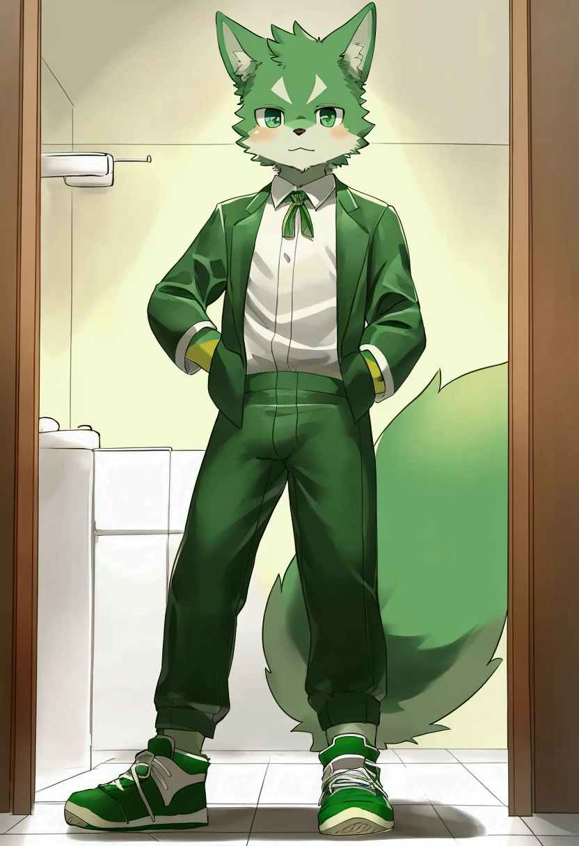 solo, 1boy, Furry, kemono, furry wolf, anthropomorphic, male, lime-colored fur , emerald-colored eyes.Fluffy tail. standing posture,There is a small green crystal sticking out of his forehead,I'm wearing sneakers. standing in front of the bathroom mirror