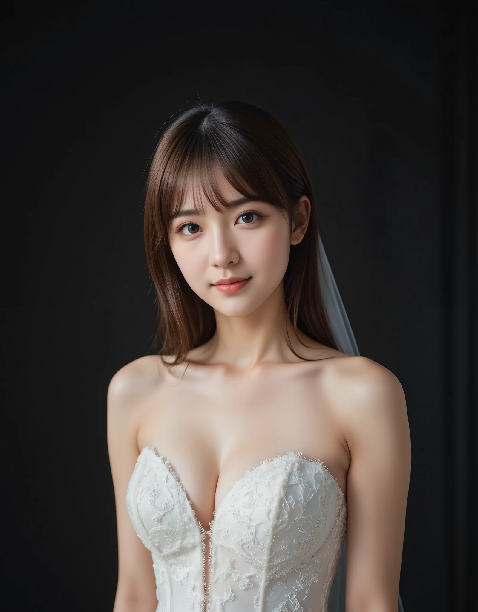 (16k,  surreal, masterpiece:1.30),  professional photo shoot,  written border depth , Deep Shadow、 Movie Lighting, ( Clear Focus :1.5), (Super detailed beautiful faces:1.7), ((Super detailed beautiful slim body:1.3)), (( very fine symmetrical brown eyes ,  beautiful lashes,  beautiful double eyelids, Ultra detailed beautiful eyes:1.4)), ((Ultra Detailed Lip Gloss , Super detailed beautiful skin:1.5)), (( Super Detailed and Beautiful Hairstyles ,  Long Ponytail :1.3)), ((perfect anatomy:1.15)),  beautiful Japanese female idol, (Ultra-detailed, glowing oily skin:1.5), ( cute smile:1.3), ( Browse Viewers :1.3), ((Super detailed beautiful breasts,  Enhancing F Cup Cleavage :1.4)), ((Shoulder Bare:1.3)), (( Super Tight Outfit That Fits Your Skin Perfectly 1.3)), (Bare hands and feet), ((Super Detailed Costume Features )),  Small Diamond Earrings ,   Tiny Diamond Necklace , ( Blue Lace Wedding Dress :1.4), (shoulder strap) , ((Shiny satin material)), (No veil), 