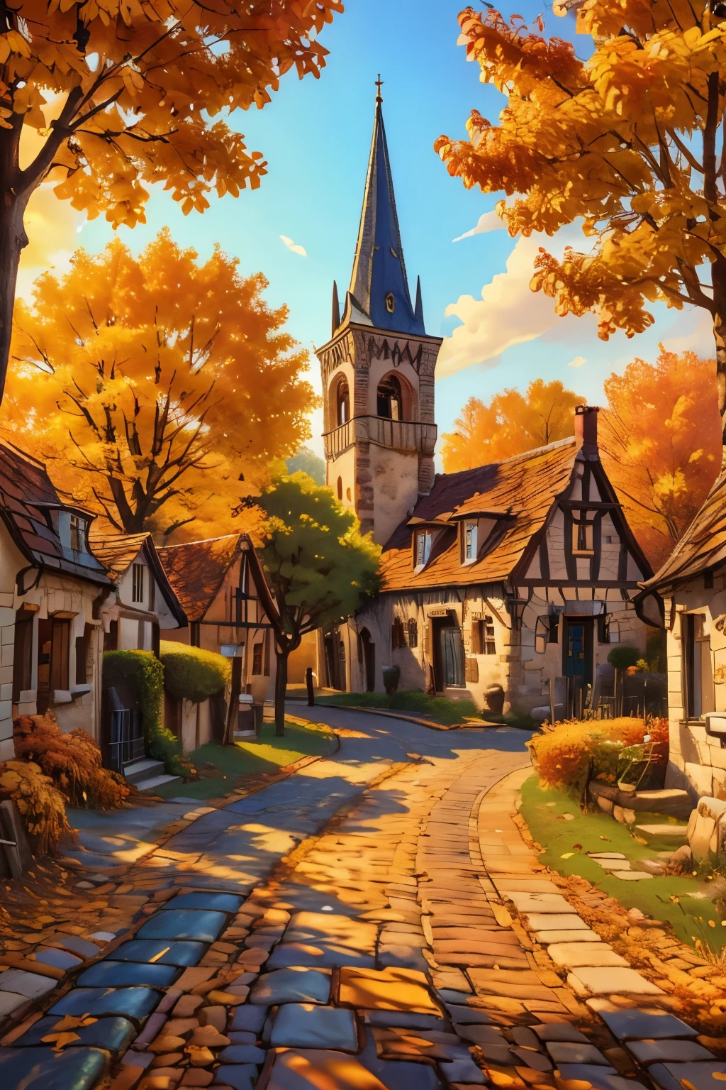 a beautiful european village street, village houses, cobblestone road, autumn foliage, golden sunset lighting, detailed autumn trees, cozy village atmosphere, panoramic villagescape, picturesque townscape, stunning autumnal landscape, (best quality,4k,8k,highres,masterpiece:1.2),ultra-detailed,(realistic,photorealistic,photo-realistic:1.37),vibrant autumn colors,dramatic lighting,intricate architectural details,charming village details,quaint village scene,peaceful rural setting