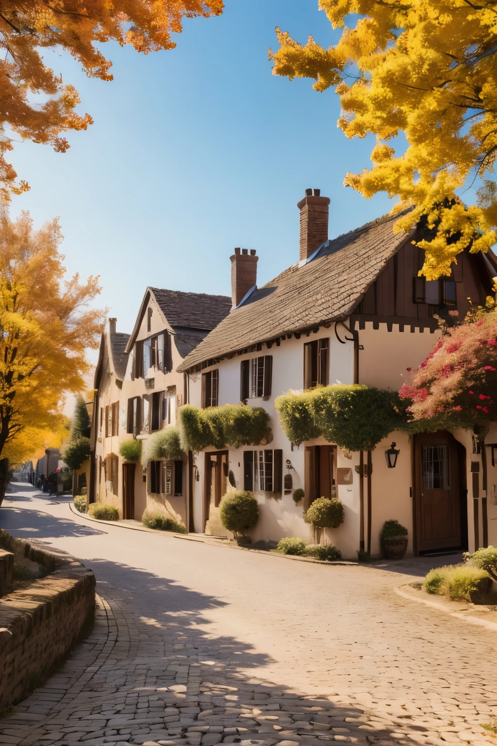 a beautiful european village street, village houses, cobblestone road, autumn foliage, golden sunset lighting, detailed autumn trees, cozy village atmosphere, panoramic villagescape, picturesque townscape, stunning autumnal landscape, (best quality,4k,8k,highres,masterpiece:1.2),ultra-detailed,(realistic,photorealistic,photo-realistic:1.37),vibrant autumn colors,dramatic lighting,intricate architectural details,charming village details,quaint village scene,peaceful rural setting