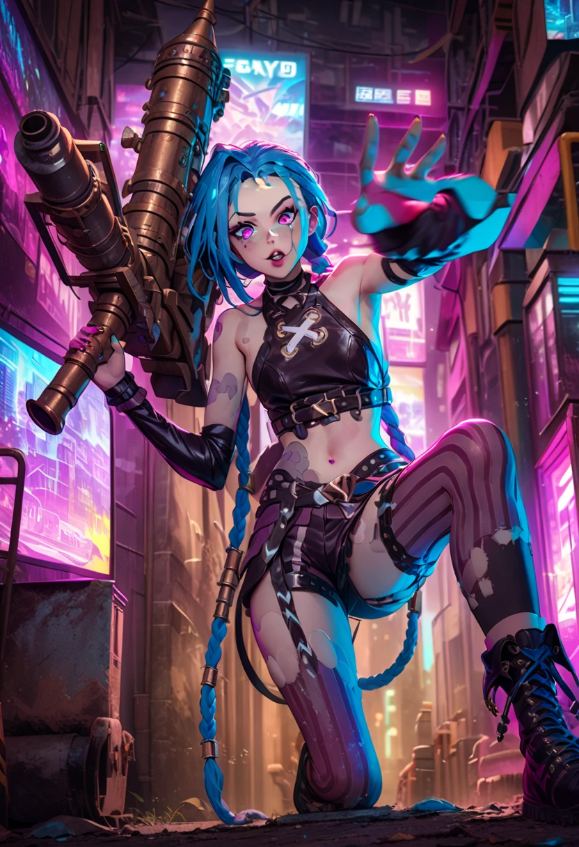 a mischievous girl with blue hair, detailed eyes, full lips, septum piercing, ripped stockings, holding a large rocket launcher, dynamic pose, colorful cyberpunk city background, neon lights, highly detailed, digital art, vibrant color palette, cinematic lighting