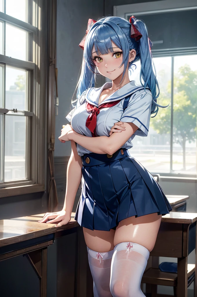 (masterpiece, extremely detailed 8k CG, sharp line), High school girl, blue hair, cute, serafuku, white underwear and skirt, skirt lift, sexy pose showing panties, thighs, anime style , beautiful anime schoolgirl, mesmerizing anime girl, smooth anime CG art, beautiful anime school girl, beautiful anime girl,
