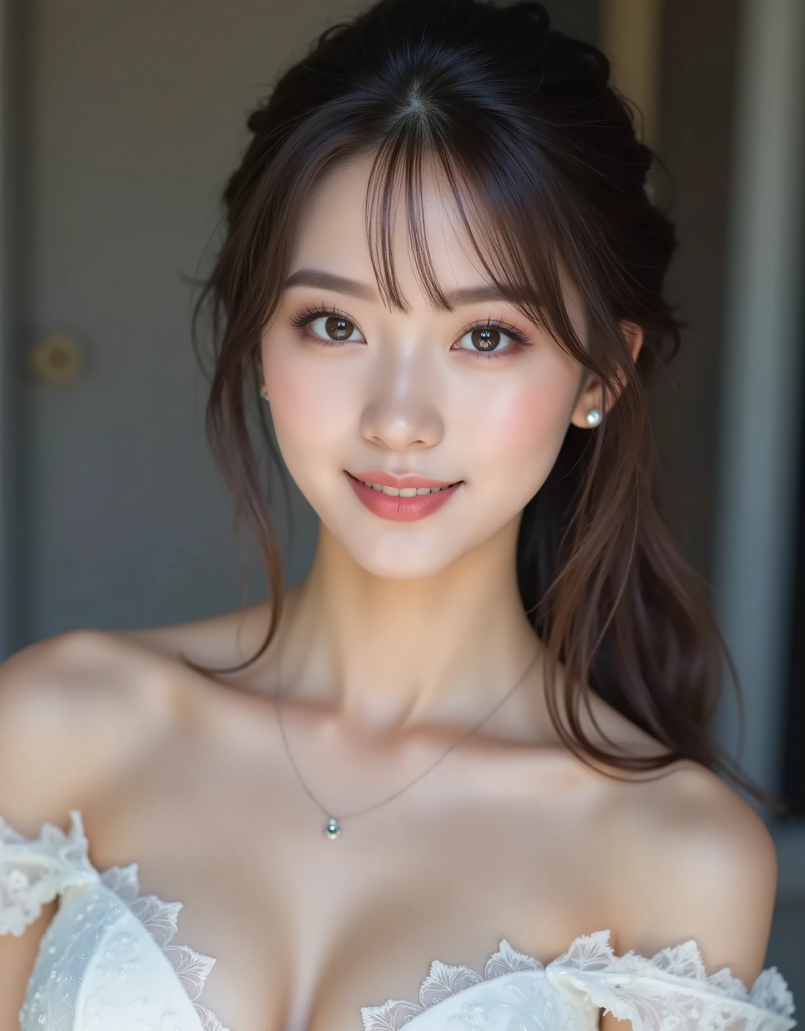 (16k,  surreal, masterpiece:1.30),  professional photo shoot,  written border depth , Deep Shadow、 Movie Lighting, ( Clear Focus :1.5), (Super detailed beautiful faces:1.7), ((Super detailed beautiful slim body:1.3)), (( very fine symmetrical brown eyes ,  beautiful lashes,  beautiful double eyelids, Ultra detailed beautiful eyes:1.4)), ((Ultra Detailed Lip Gloss , Super detailed beautiful skin:1.5)), (( Super Detailed and Beautiful Hairstyles ,  Long Ponytail :1.3)), ((perfect anatomy:1.15)),  beautiful Japanese female idol, (Ultra-detailed, glowing oily skin:1.5), ( cute smile:1.3), ( Browse Viewers :1.3), ((Super detailed beautiful breasts,  emphasizes F cup cleavage:1.4)), ((Shoulder Bare:1.3)), (( super tight outfit that fits your skin perfectly 1.3)), (Bare hands and feet), ((Super Detailed Costume Features )),  Small Diamond Earrings ,  Tiny Diamond Necklace , (blue lace wedding dress :1.4), (shoulder strap) , ((Shiny satin material)), (No veil ),