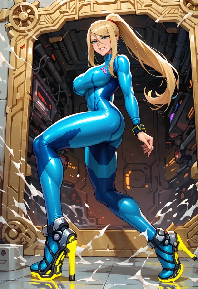  score_9,  score_8_up,  score_7_up, ((Best Quality)) 、(Beautiful face) 、shiny skin　、Big Breasts　、Thin Nose　、high nose　 、shiny ,skin , toned body  ,We def, blonde hair, bodysuit, blue clothes, blue pants, high heels ,samus aran ,smile