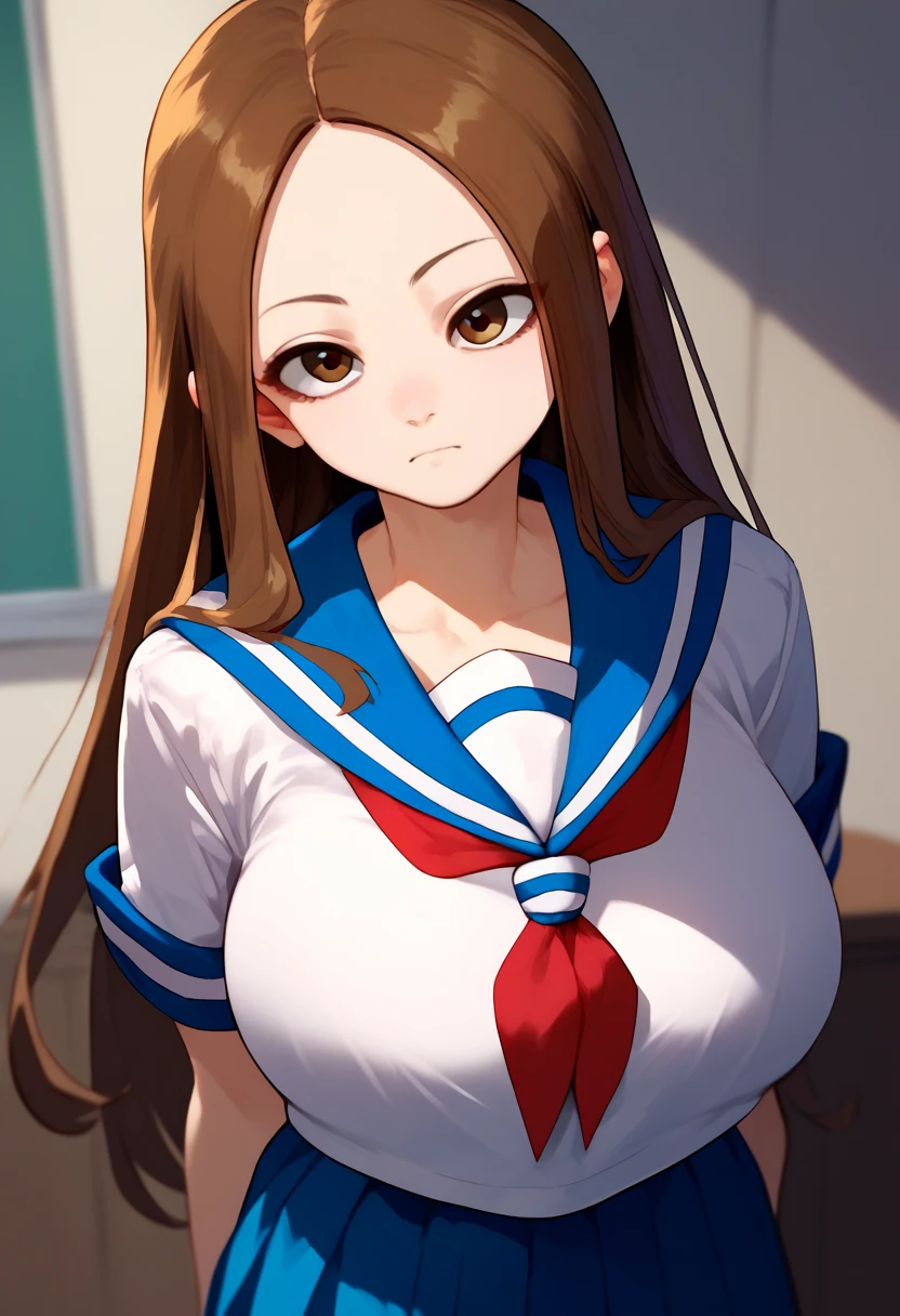 score_9, score_8_up, score_7_up, 1girl, solo,  Takagi, brown hair, brown eyes, long hair, white serafuku,  blue stripes, blue skirt, red necktie、huge breast、