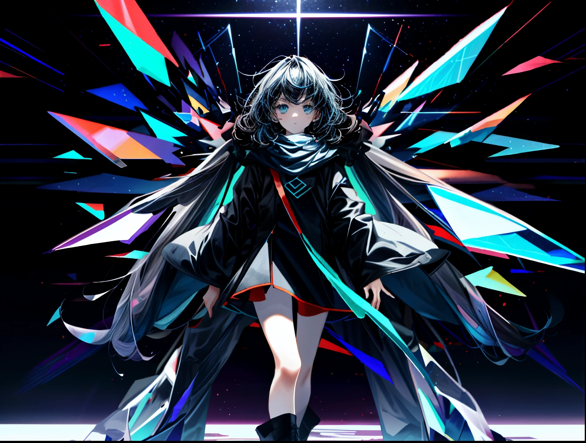 Anime girl with black hair and black cape standing in front of a star ...