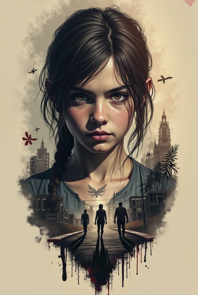Imagine uma capa para o livro "Fim", A Story of Survival in the Zombie Apocalypse. A capa apresenta um fundo escuro e opressivo, Preto e branco, with threatening clouds. No centro da capa, Destaques Vick, a protagonista corajosa, 14 anos, Holding the baby in your arms, Ellie Face The Last of Us Game. She's in a pose of determination, with the gaze reflecting courage and resilience. Ao redor de Vick, sombras sinistras de zumbis se destacam, conveying the constant threat she faces. The title "Fim" aparece em letras marcantes e impactantes, talvez com um efeito de textura ou sombreamento. detalhes sutis, as rubble or a symbol representative of the plot, can be added to accentuate the post-apocalyptic mood.