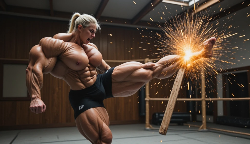 Astrid Bjornsson, the Icelandic model with extraordinary muscle definition, is caught in an action-packed moment as she stands in a martial arts training room. The camera angle is set to capture the full intensity of the action in a dramatic 16:9 shot, highlighting her immense strength and power.

Her face is contorted in a fierce expression as she delivers a powerful kick to a wooden board, the impact breaking it into two pieces. Astrid’s eyes are narrowed in concentration, and her mouth is open in a violent, raw scream of effort. Her platinum blonde hair flies outwards with the intensity of the moment, showcasing the fury and strength behind her kick.

Her upper body is muscular, yet graceful, with her sleeveless athletic top hugging her powerful frame. Her legs, the true centerpiece of her strength, are shown in full detail as her muscular quads and calves flex with immense power during the strike. The sheer force of her kick not only breaks the board but sends splinters flying in all directions.

She is wearing black combat shorts, which fit snugly around her waist, and her bare feet are firmly planted on the ground for balance, showcasing her massive, sculpted calves. The entire room has a sense of tension and energy, reflecting Astrid’s incredible power and control, with the focus firmly on her powerful legs, which carry the brunt of her immense strength.