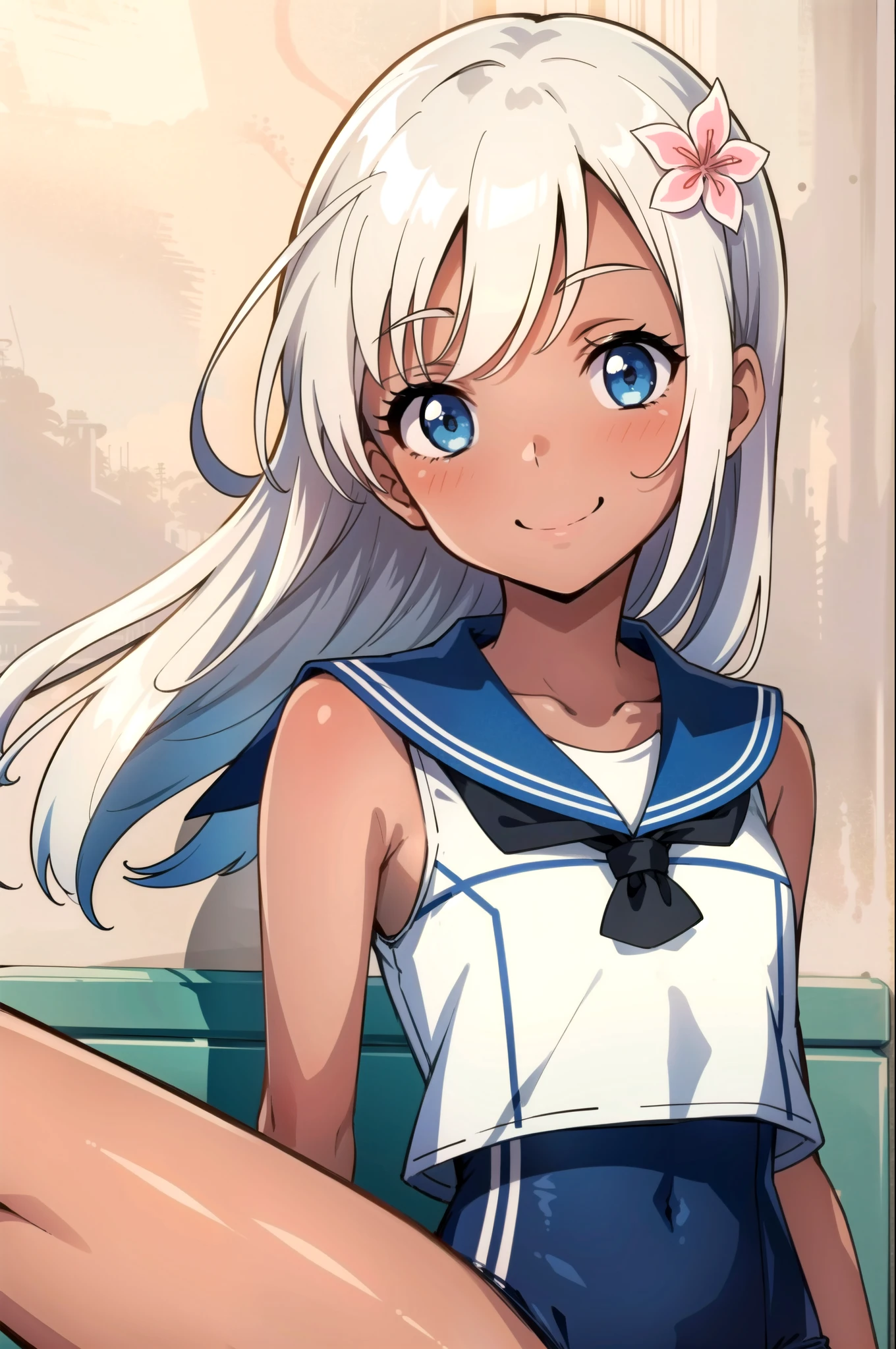 Alone,  one girl ,  Browse Viewers , smile, RO500, Long Hair, Hair Flowers, Sunburn, 1 Piece Swimsuit ,  sailor color