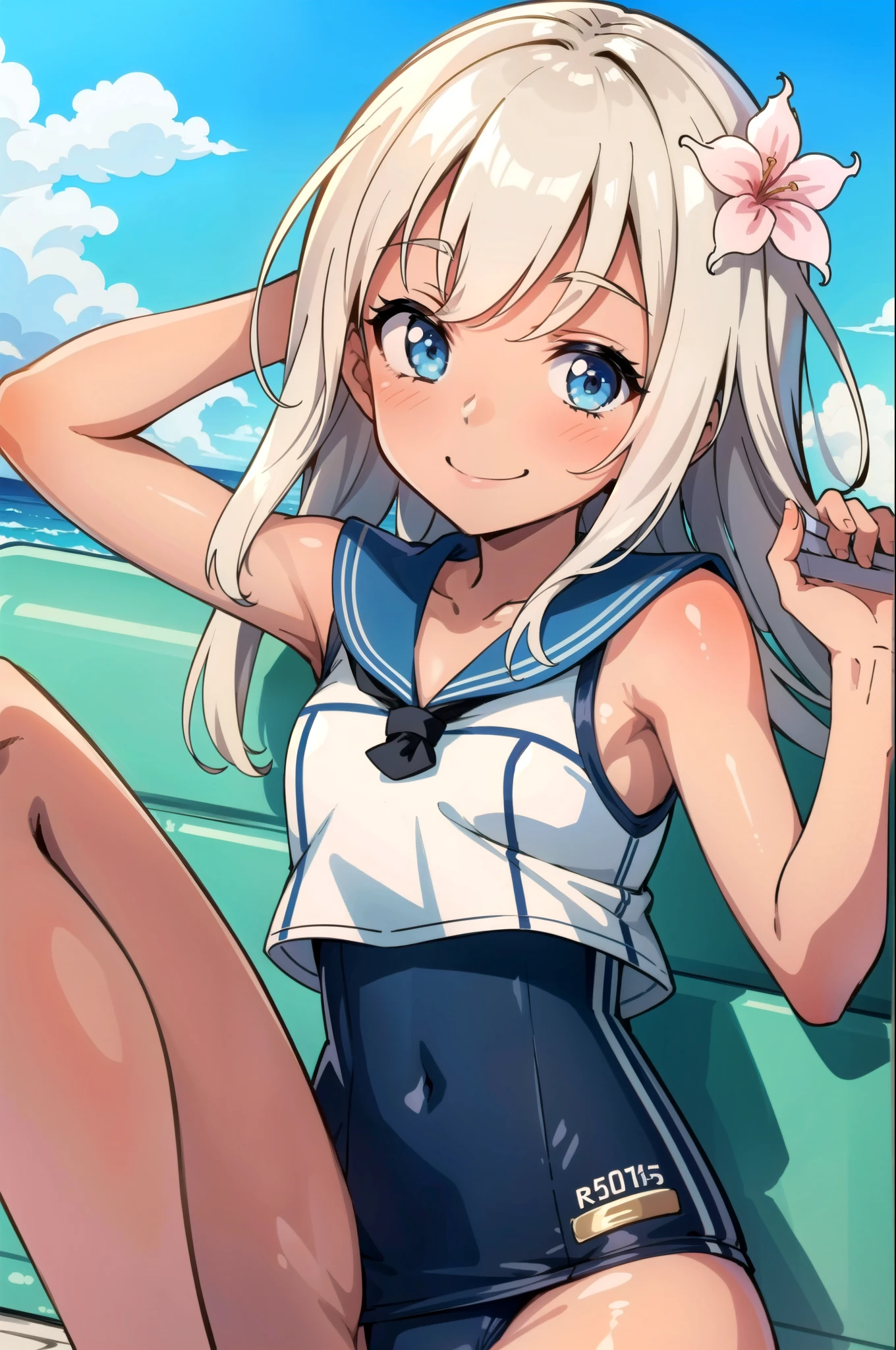 alone, One girl, View your viewers, smile, RO500, Long Hair, Hair Flower, Sunburn, One piece swimsuit, Sailor collar