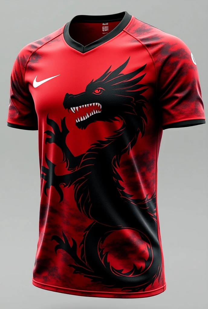 School sweater in white with black and red, a dragon on the front right 