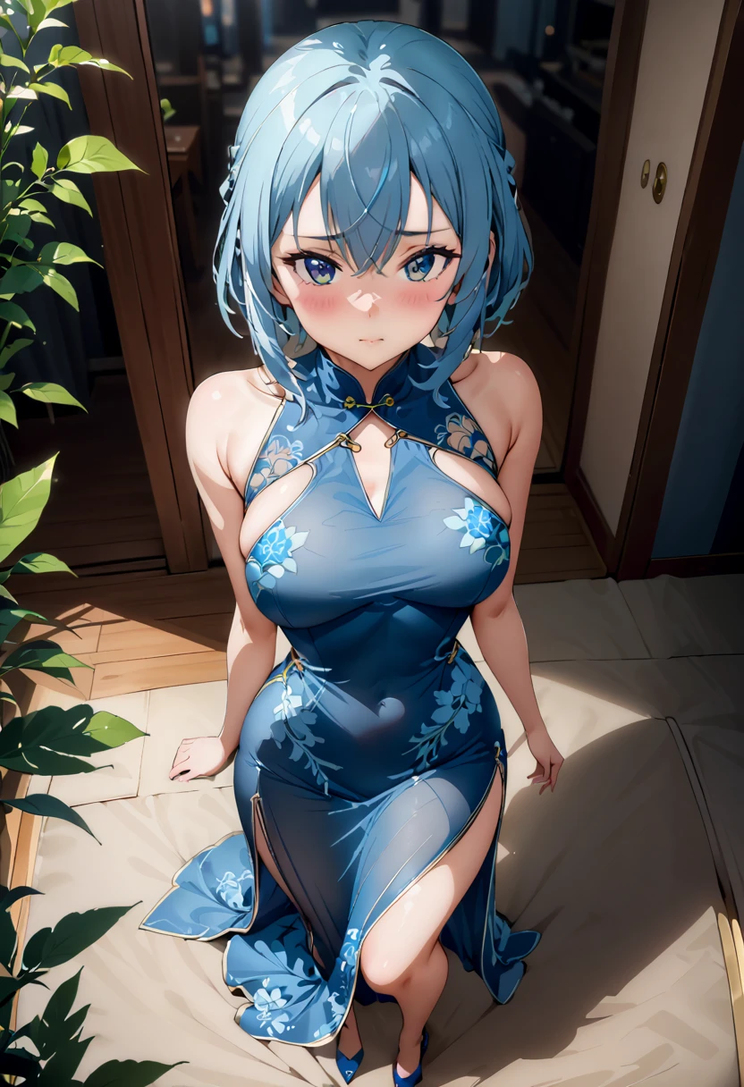  1 girl, shino asada,   short hair, bangs,   blue eyes,  blue hair, (((masterpiece)))，(( intricate details))　 High Quality , Hi-Res, (((sheer blue china dress))), Long China Dress, slit ,Shiny fabric,satin, medium breasts,Bust Emphasis,outcrop,Breast flash, full body shot, Blushing ,最 High Quality ,  blurred background ,  simple background,  from above